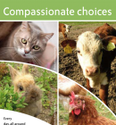 Framsidan på en folder. En höna, kalv, katt och kanin tittar in i kameran under texten "Compassionate choices"